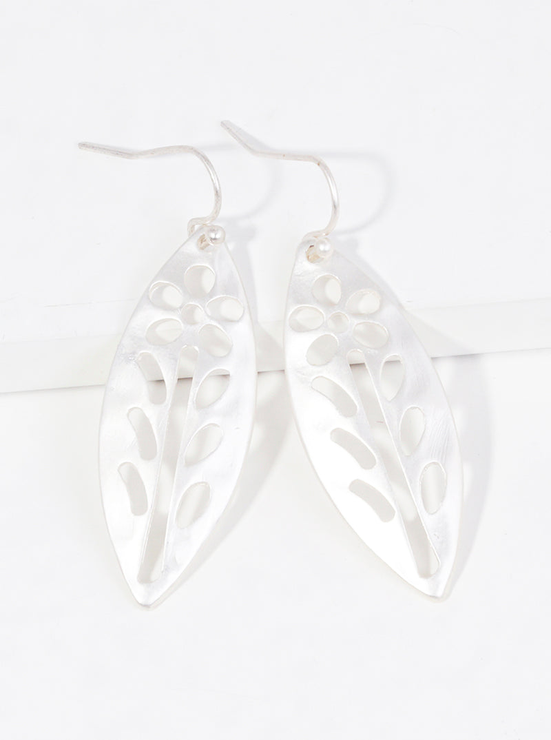 Hammered Metal Flower Cutout Marquise Shaped Dangle Drop Earrings