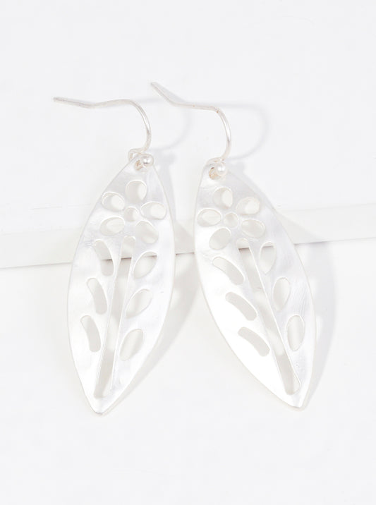 Hammered Metal Flower Cutout Marquise Shaped Dangle Drop Earrings