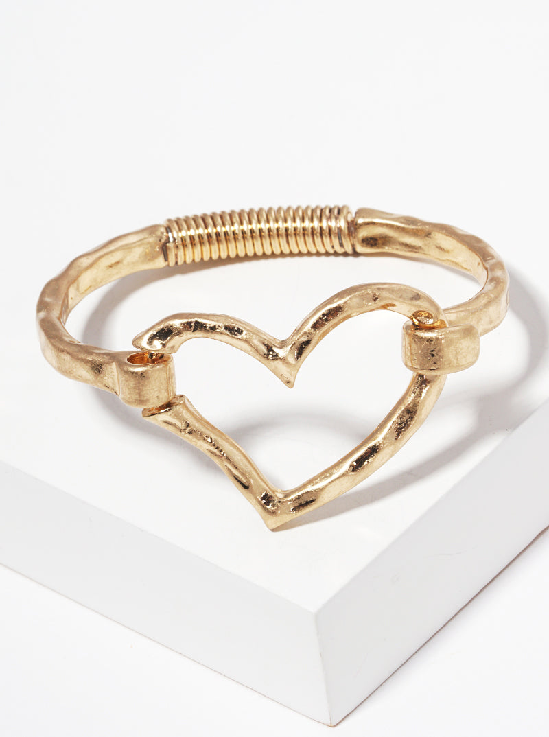 Hammered Metal Heart Accent Spring Hook Closure Bangle Bracelet
