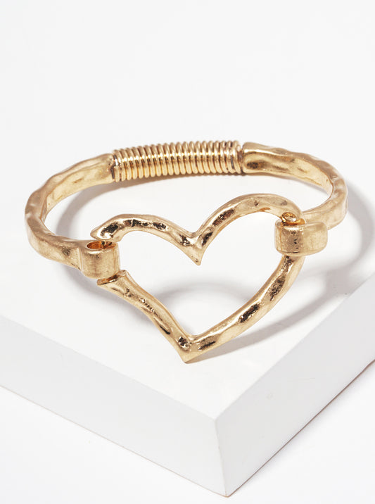 Hammered Metal Heart Accent Spring Hook Closure Bangle Bracelet