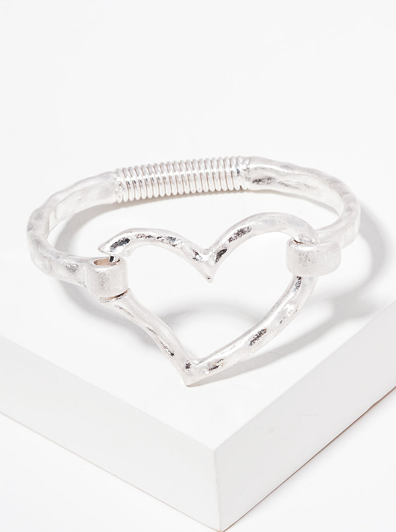 Hammered Metal Heart Accent Spring Hook Closure Bangle Bracelet