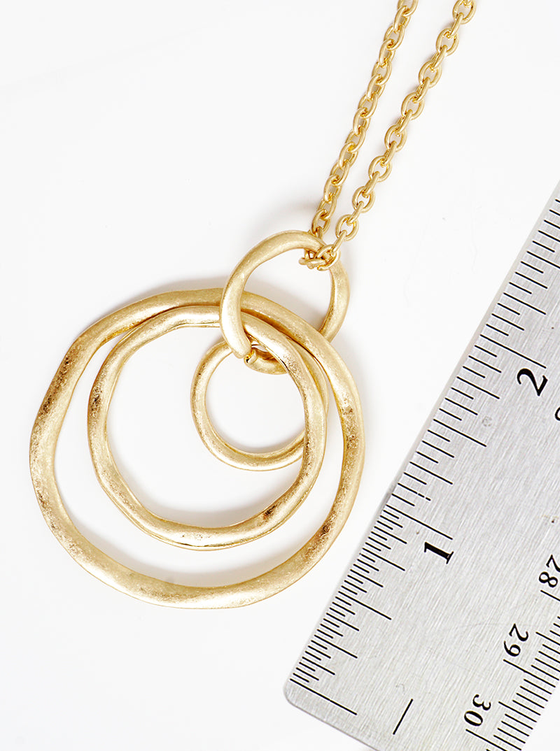 Hammered Metal Linked Circle Pendant Long Necklace