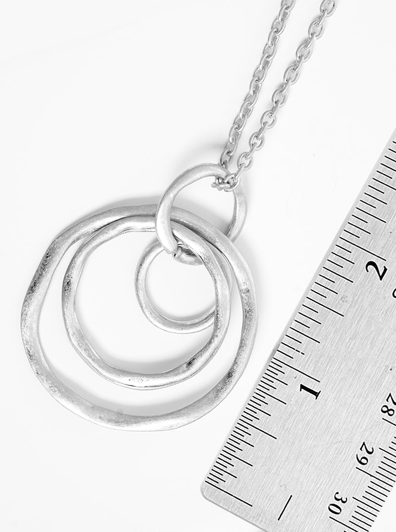Hammered Metal Linked Circle Pendant Long Necklace