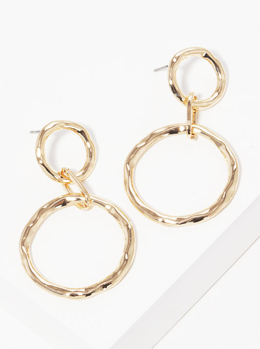 Hammered Metal Linked Circle Post Drop Earrings