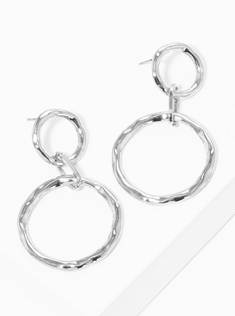 Hammered Metal Linked Circle Post Drop Earrings