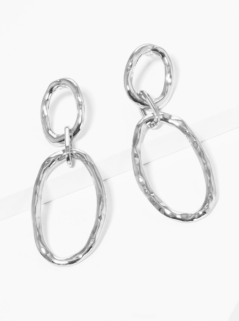 Hammered Metal Linked Oval Post Drop Earrings