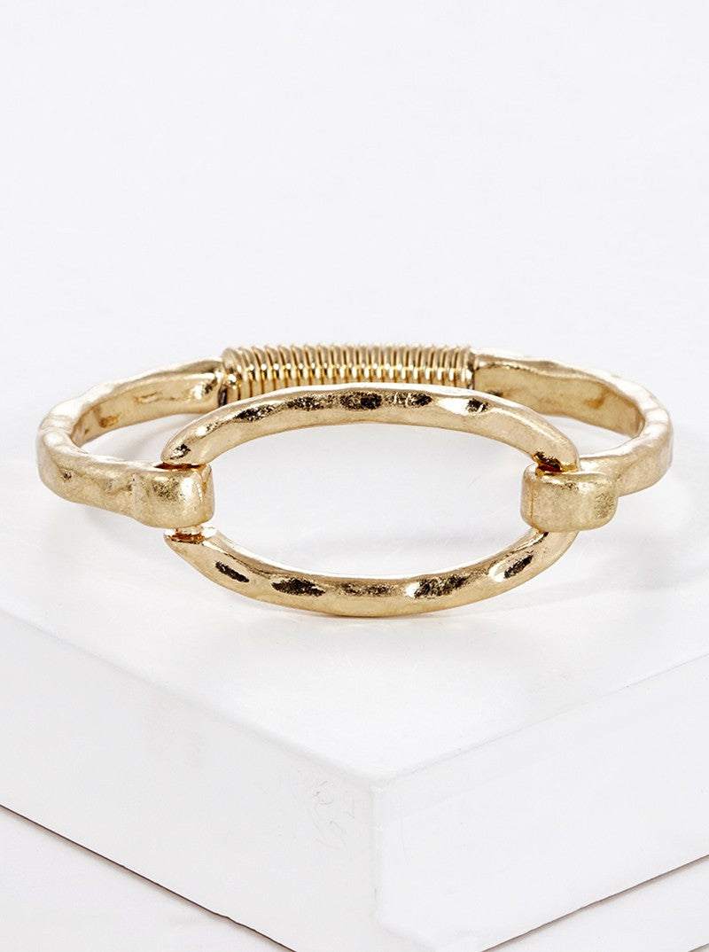 Hammered Metal Oval Accent Spring Hook Closure Bangle Bracelet