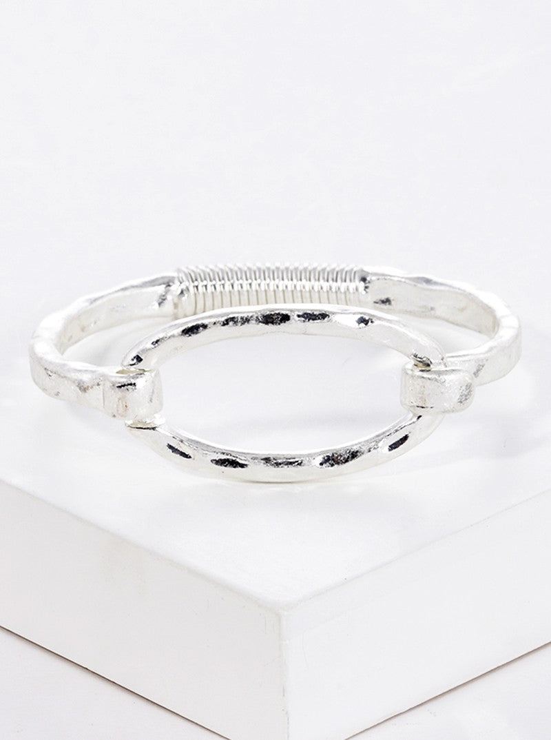 Hammered Metal Oval Accent Spring Hook Closure Bangle Bracelet