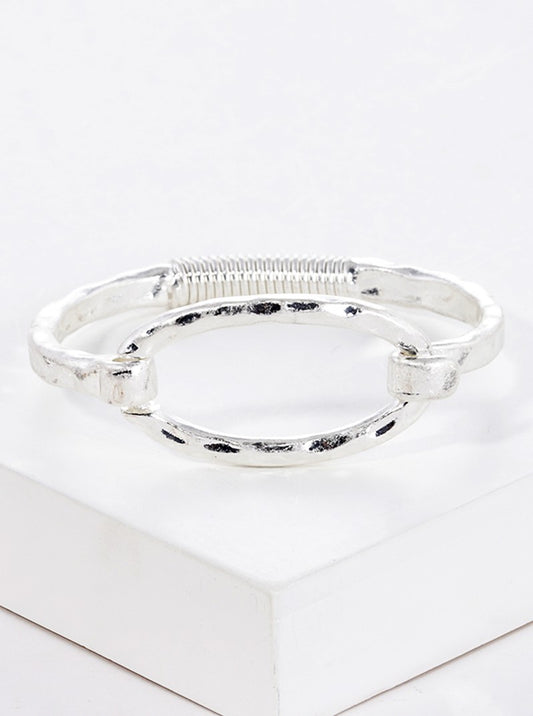 Hammered Metal Oval Accent Spring Hook Closure Bangle Bracelet