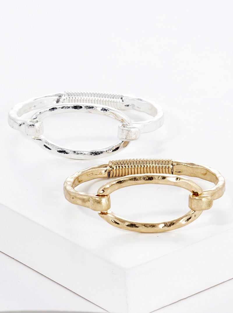 Hammered Metal Oval Accent Spring Hook Closure Bangle Bracelet
