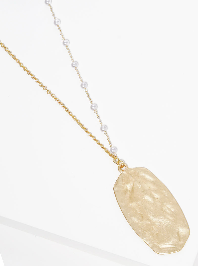 Hammered Metal Pendant Acrylic Pearl Long Necklace