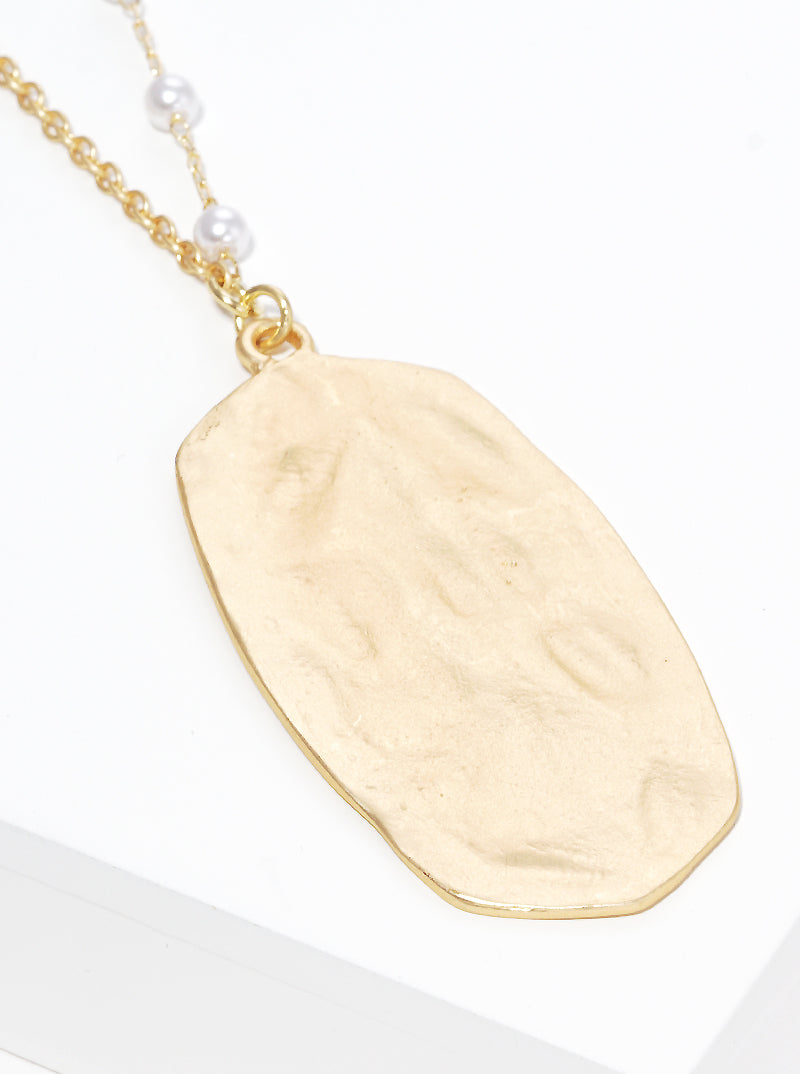 Hammered Metal Pendant Acrylic Pearl Long Necklace