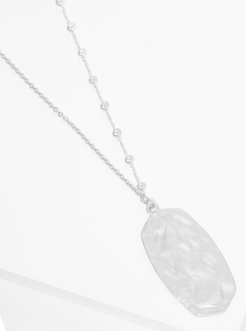 Hammered Metal Pendant Acrylic Pearl Long Necklace