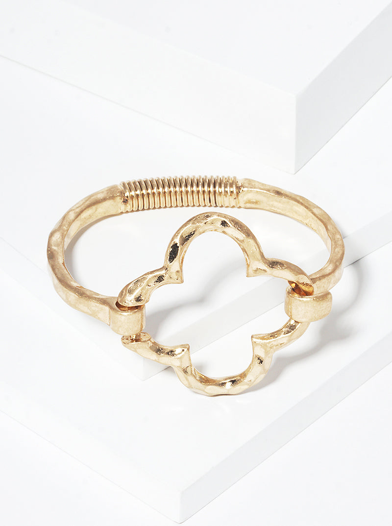 Hammered Metal Quatrefoil Accent Spring Hook Closure Bangle Bracelet