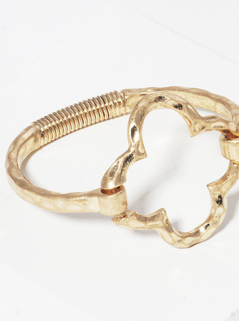 Hammered Metal Quatrefoil Accent Spring Hook Closure Bangle Bracelet