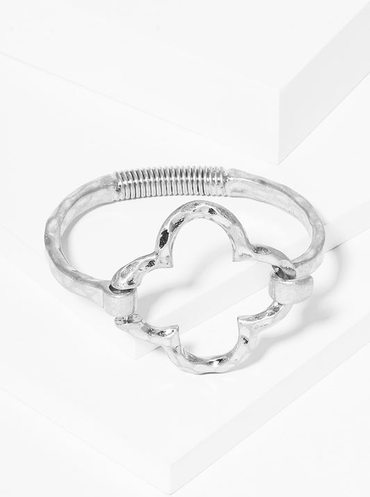 Hammered Metal Quatrefoil Accent Spring Hook Closure Bangle Bracelet