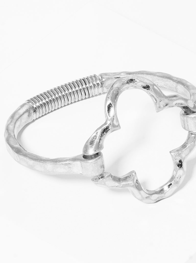 Hammered Metal Quatrefoil Accent Spring Hook Closure Bangle Bracelet