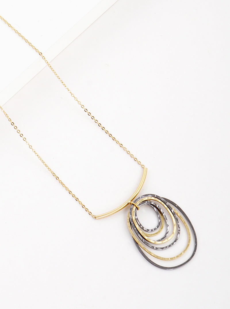 Hammered Metal Ripple-like Multi Oval Pendant Long Necklace