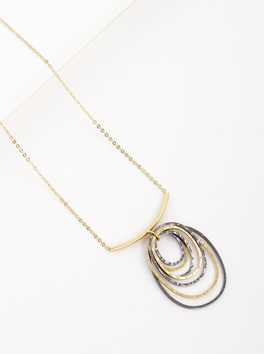 Hammered Metal Ripple-like Multi Oval Pendant Long Necklace