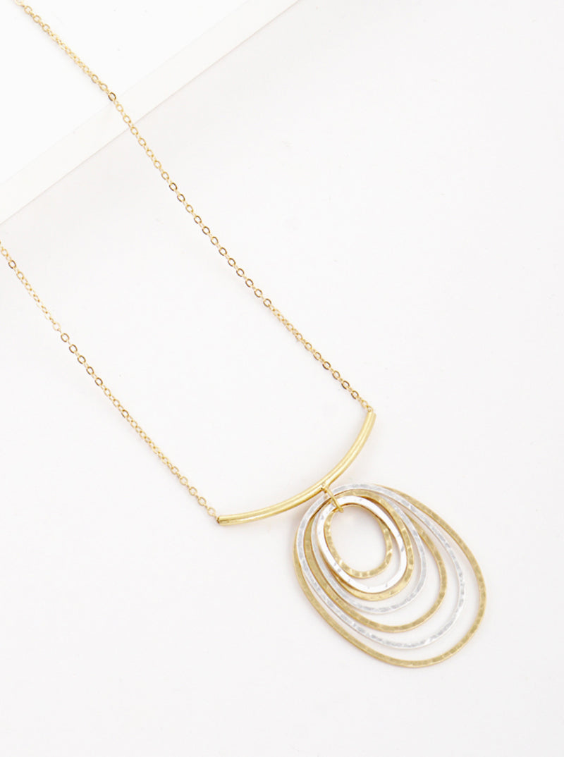 Hammered Metal Ripple-like Multi Oval Pendant Long Necklace