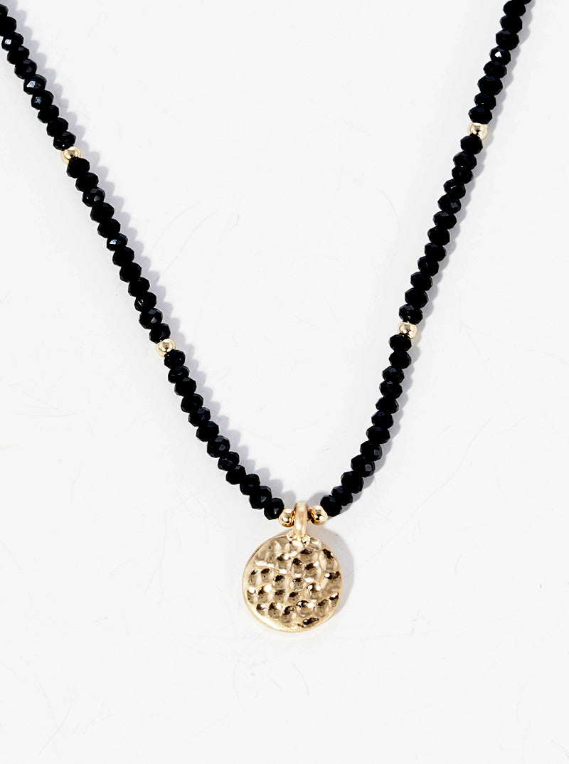 Hammered Metal Round Disc Pendant Glass Beaded Choker Necklace