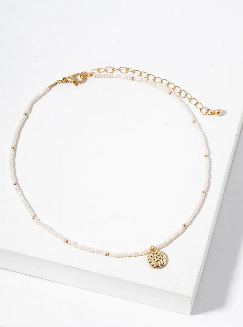 Hammered Metal Round Disc Pendant Glass Beaded Choker Necklace