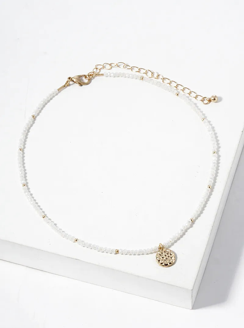 Hammered Metal Round Disc Pendant Glass Beaded Choker Necklace