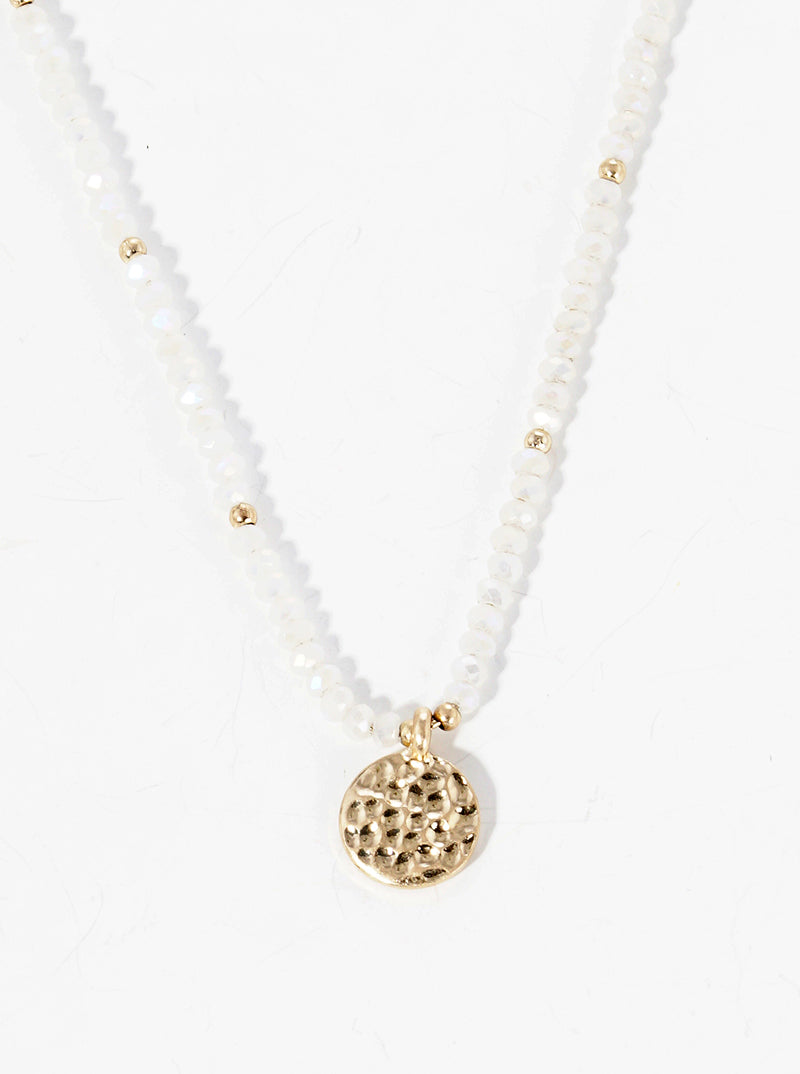 Hammered Metal Round Disc Pendant Glass Beaded Choker Necklace