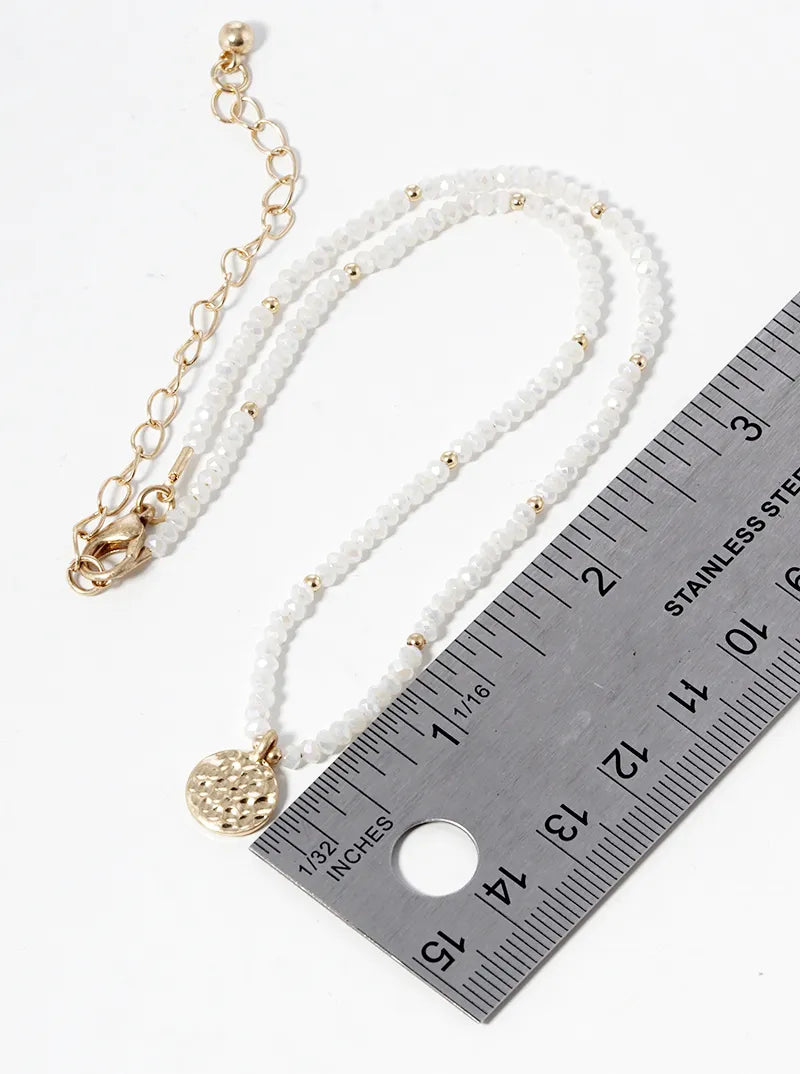 Hammered Metal Round Disc Pendant Glass Beaded Choker Necklace