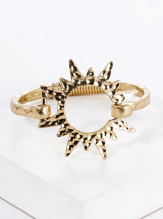 Hammered Metal Sunburst Spring Hook Closure Bangle Bracelet