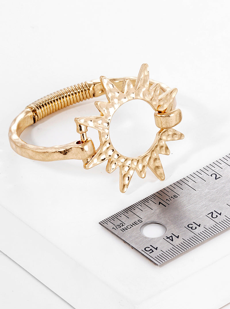 Hammered Metal Sunburst Spring Hook Closure Bangle Bracelet