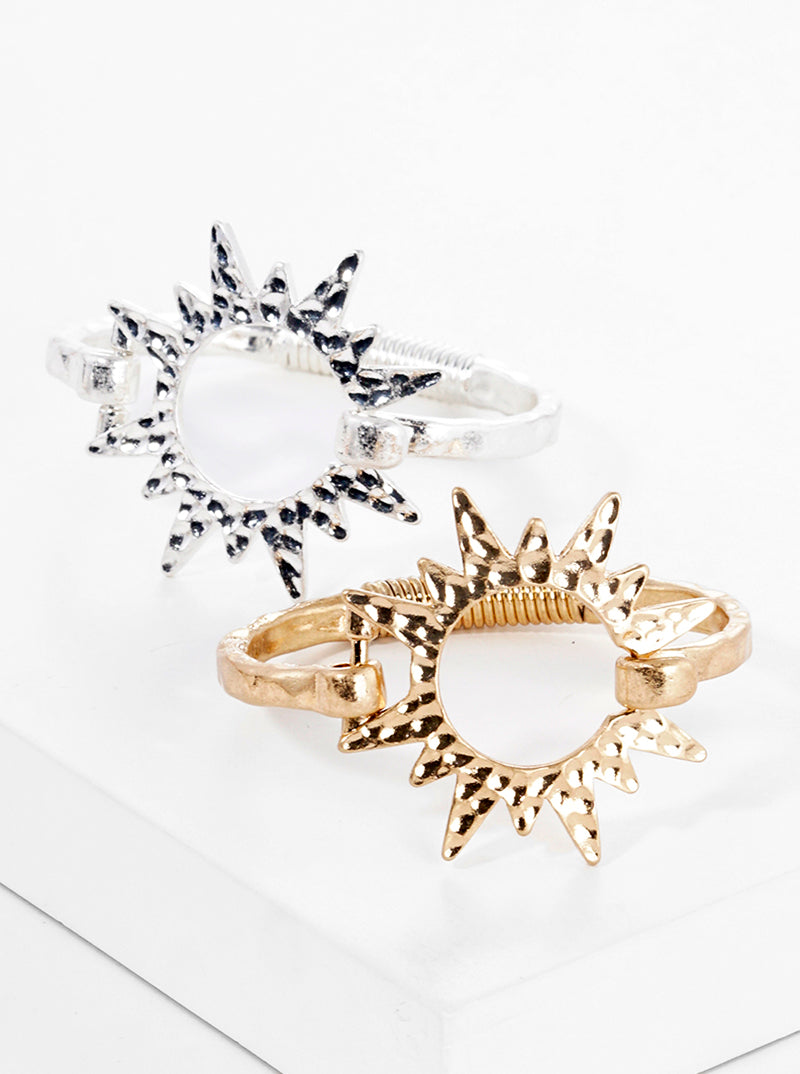 Hammered Metal Sunburst Spring Hook Closure Bangle Bracelet