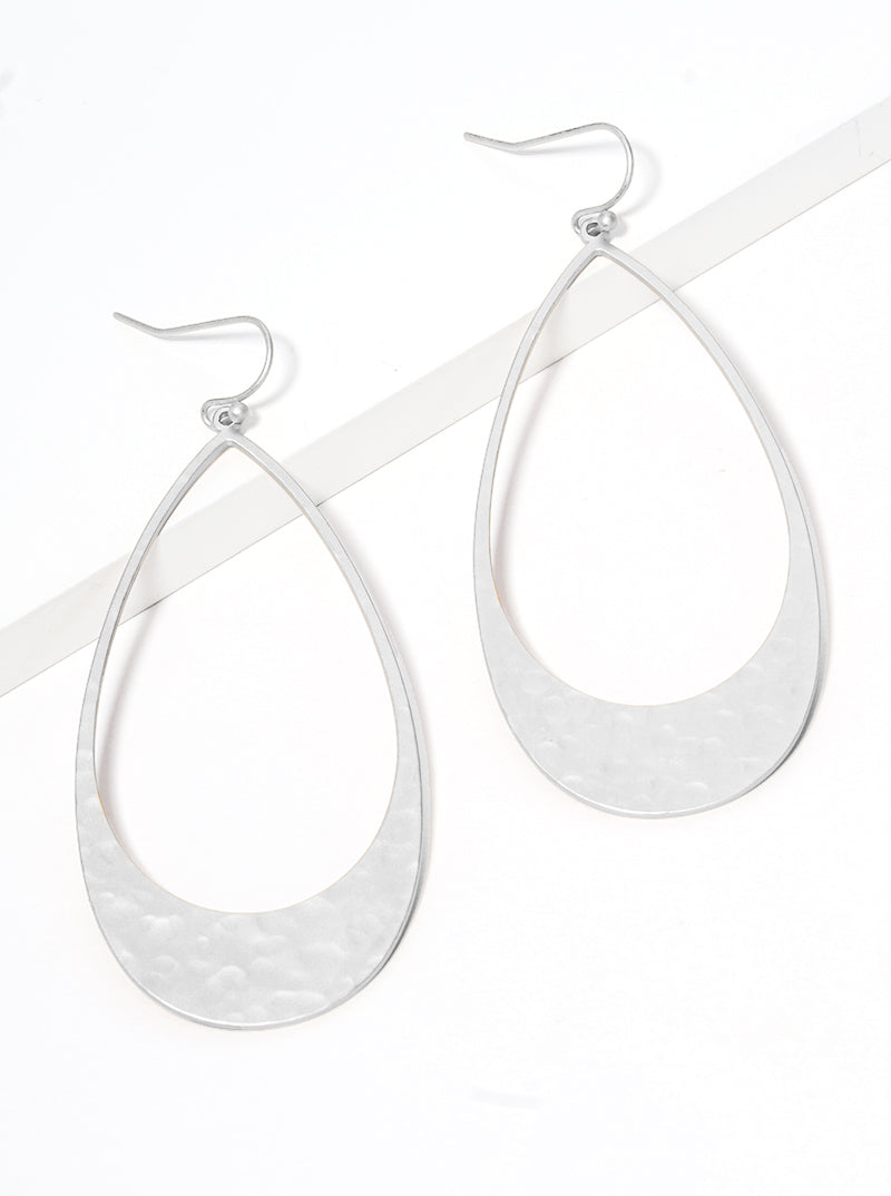 Hammered Metal Teardrop Fishhook Dangle Drop Earrings