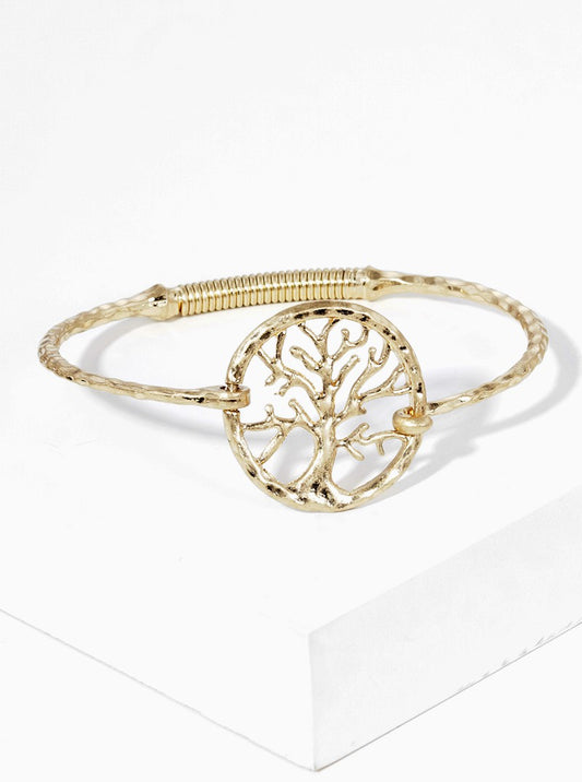 Hammered Metal Tree Of Life Accent Fine Spring Hook Closure Bangle Bracelet