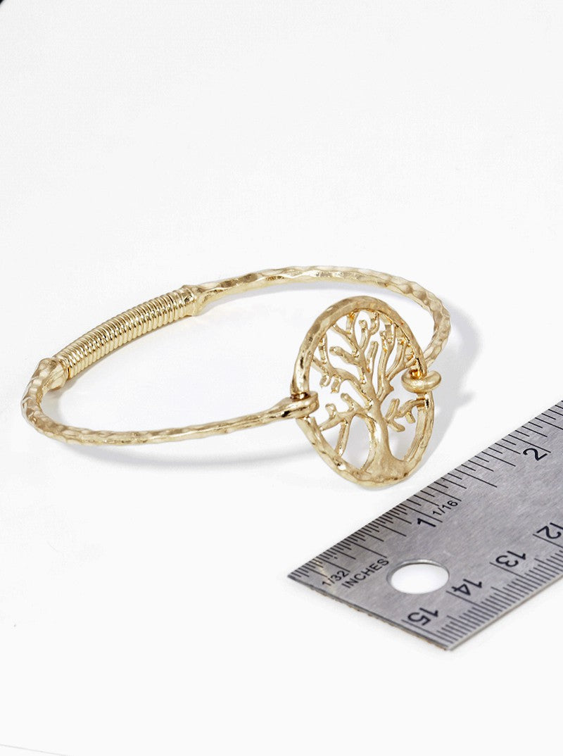 Hammered Metal Tree Of Life Accent Fine Spring Hook Closure Bangle Bracelet