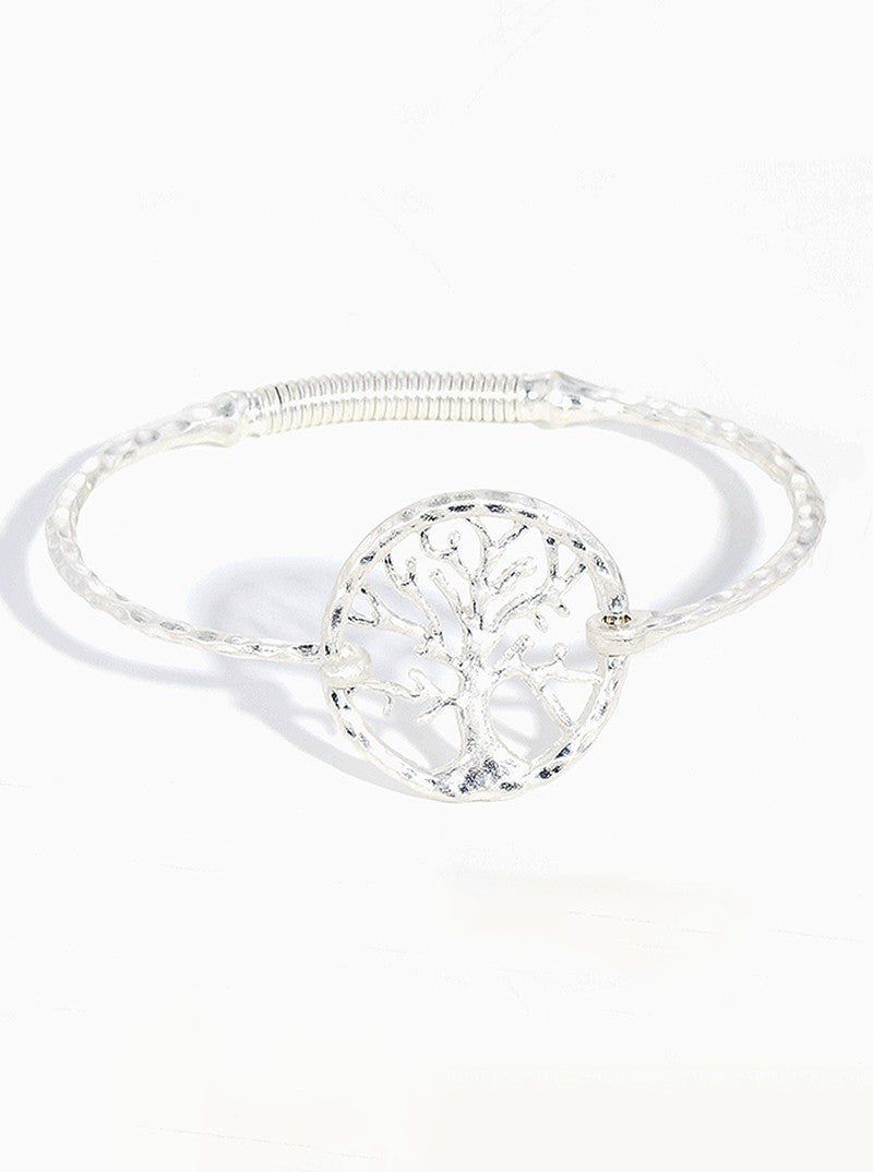 Hammered Metal Tree Of Life Accent Fine Spring Hook Closure Bangle Bracelet