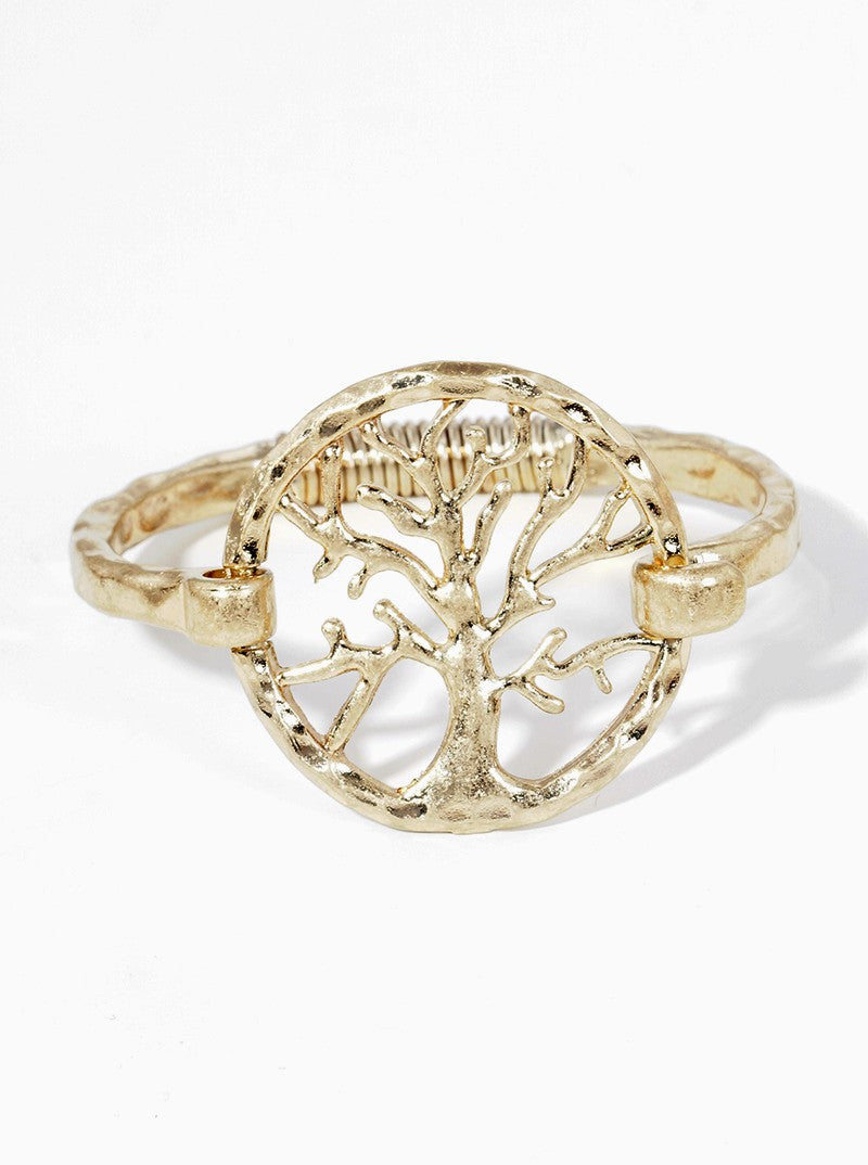 Hammered Metal Tree Of Life Accent Spring Hook Closure Bangle Bracelet
