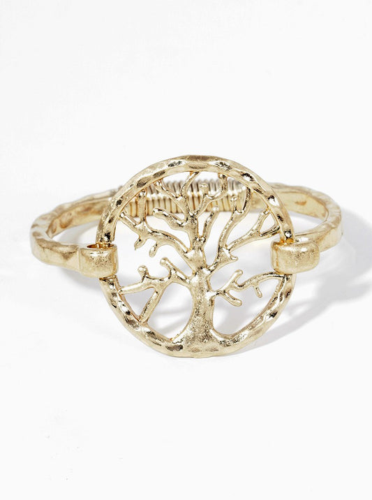 Hammered Metal Tree Of Life Accent Spring Hook Closure Bangle Bracelet