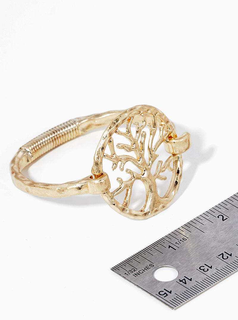 Hammered Metal Tree Of Life Accent Spring Hook Closure Bangle Bracelet