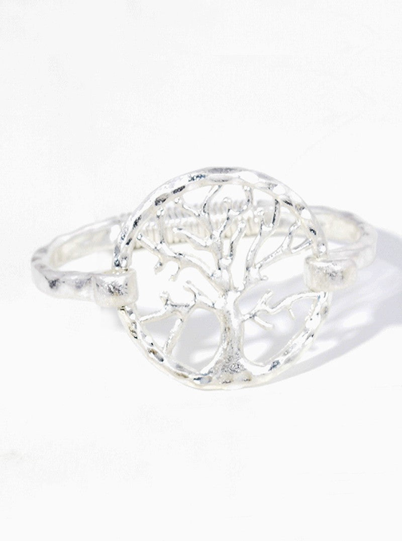 Hammered Metal Tree Of Life Accent Spring Hook Closure Bangle Bracelet