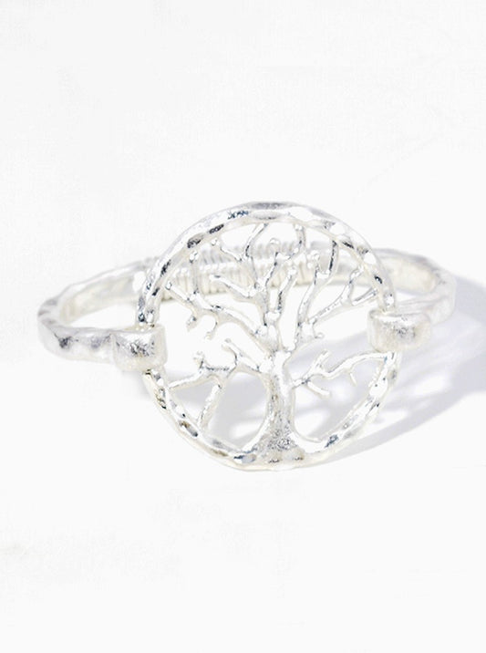 Hammered Metal Tree Of Life Accent Spring Hook Closure Bangle Bracelet