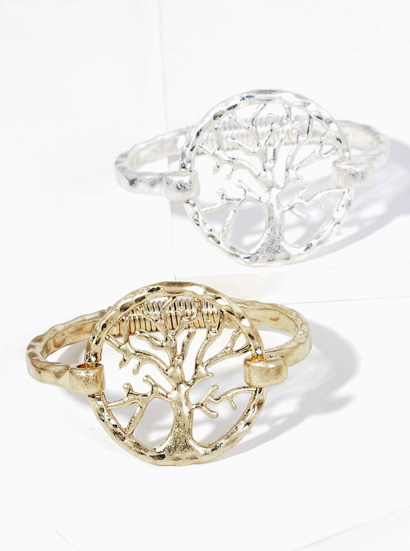 Hammered Metal Tree Of Life Accent Spring Hook Closure Bangle Bracelet