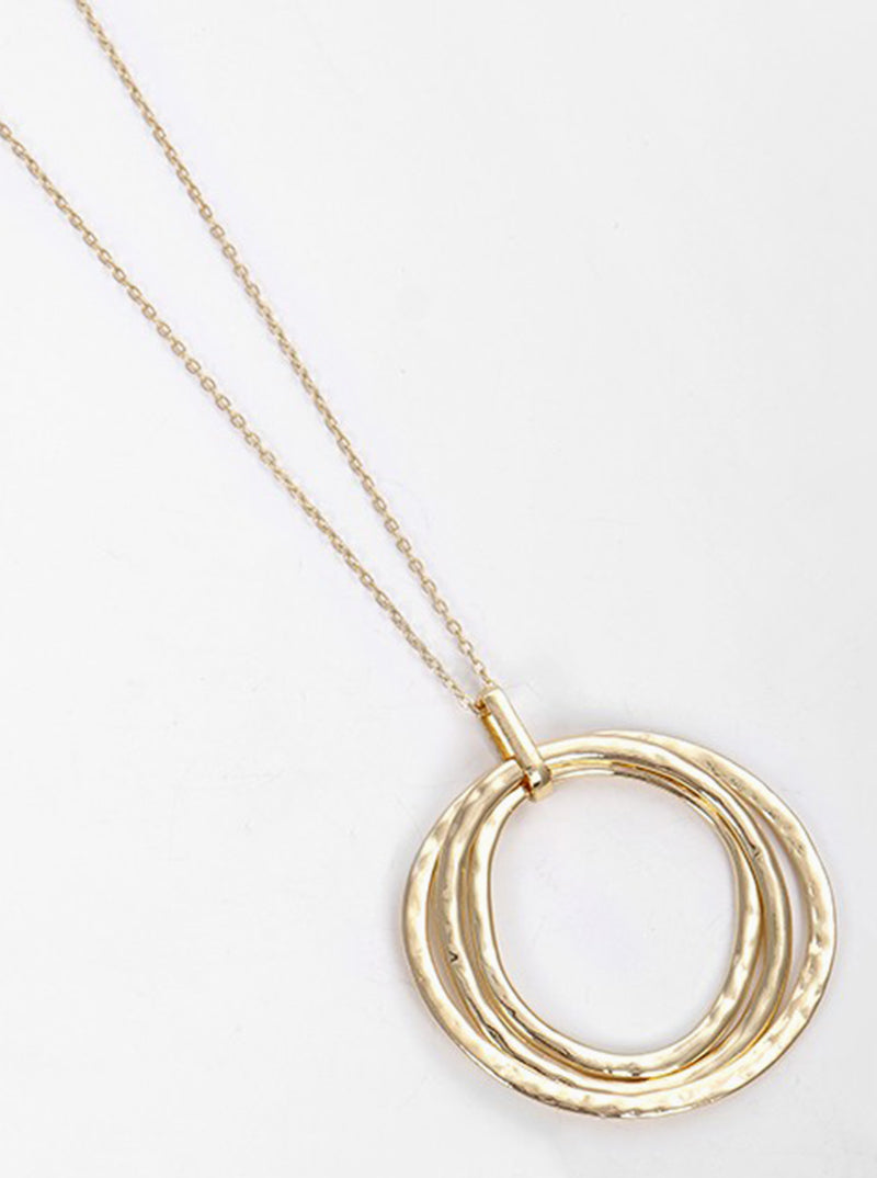 Hammered Metal Tri Circles Pendant Long Necklace GOLD