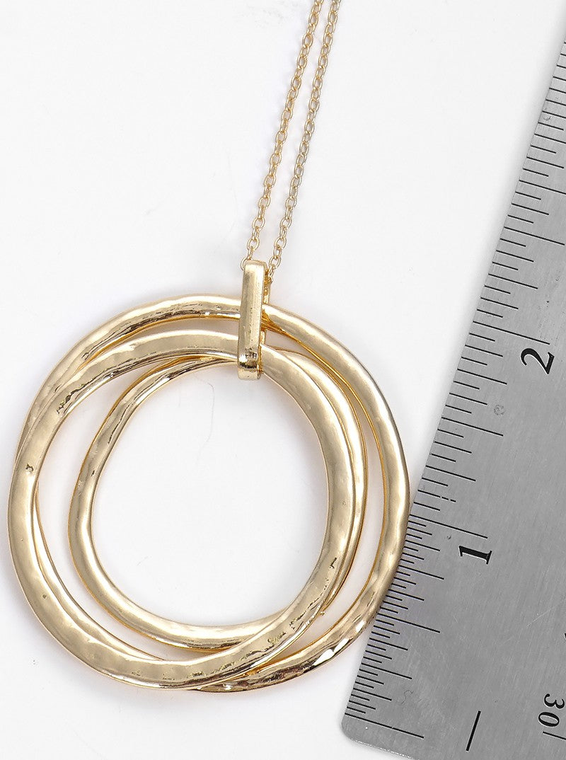 Hammered Metal Tri Circles Pendant Long Necklace GOLD