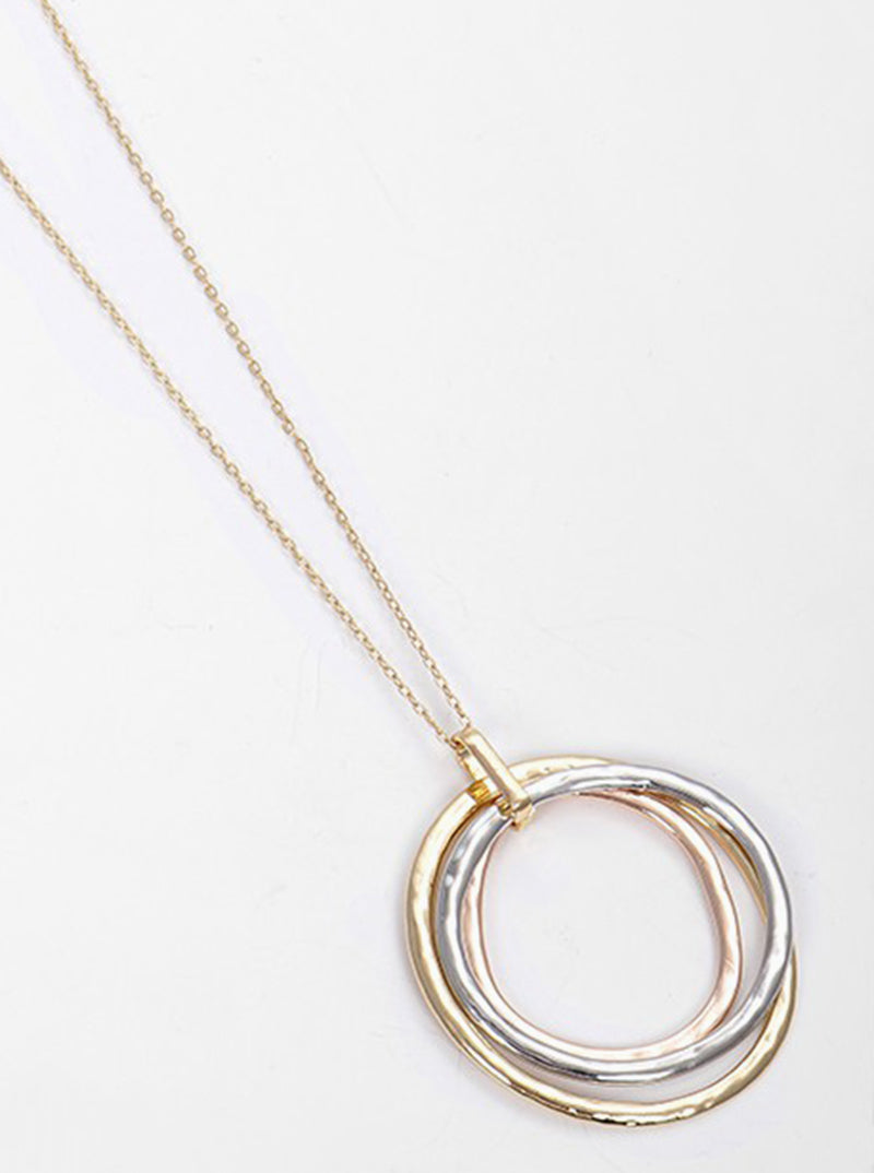 Hammered Metal Tri Circles Pendant Long Necklace