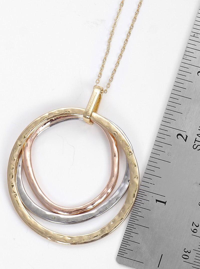 Hammered Metal Tri Circles Pendant Long Necklace