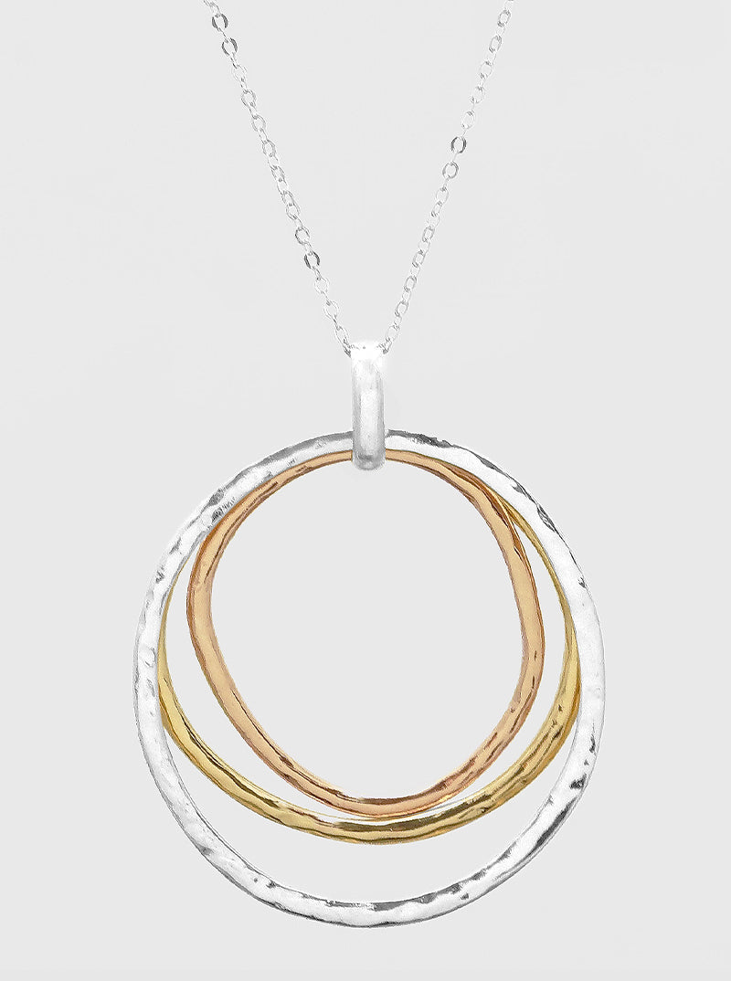Hammered Metal Tri Circles Pendant Long Necklace
