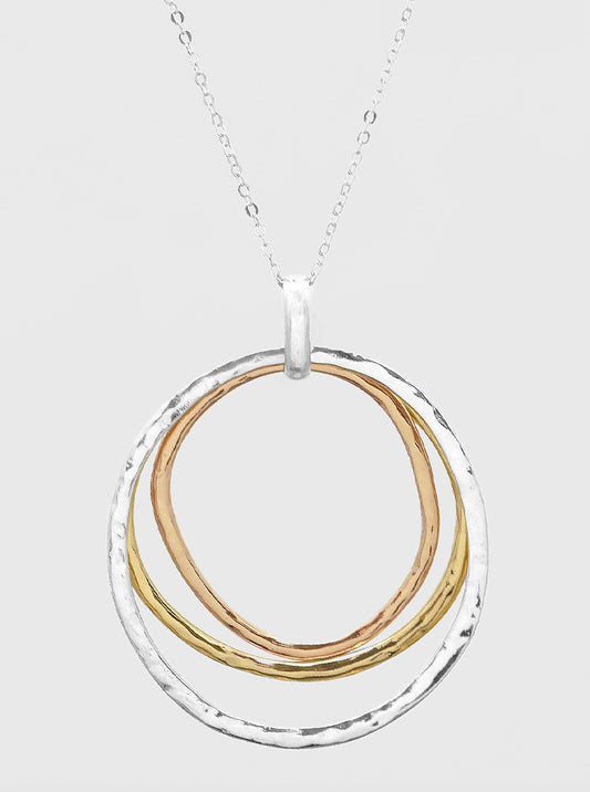 Hammered Metal Tri Circles Pendant Long Necklace