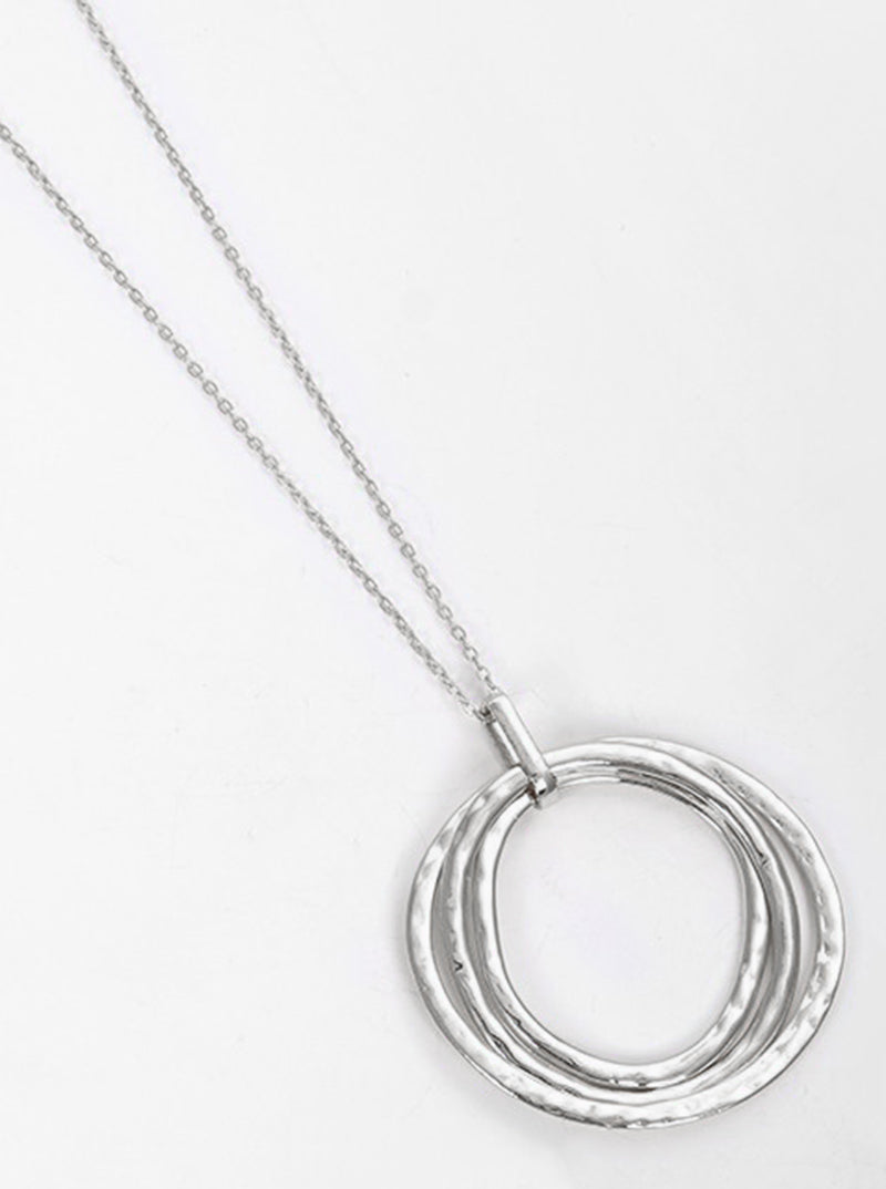 Hammered Metal Tri Circles Pendant Long Necklace RHODIUM
