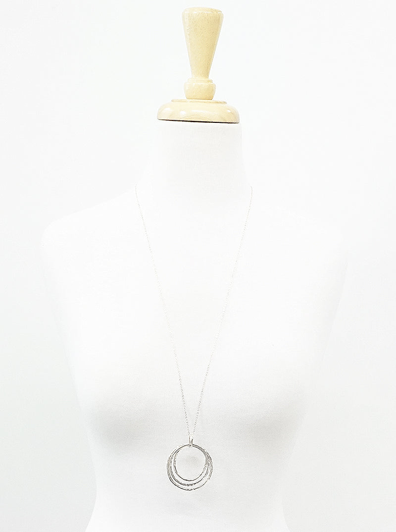 Hammered Metal Tri Circles Pendant Long Necklace RHODIUM